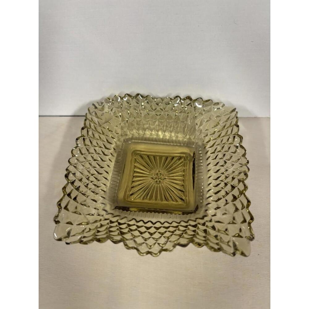 Vintage Amber Pressed‎ Glass Square Trinket Dish • Diamond Point Pattern